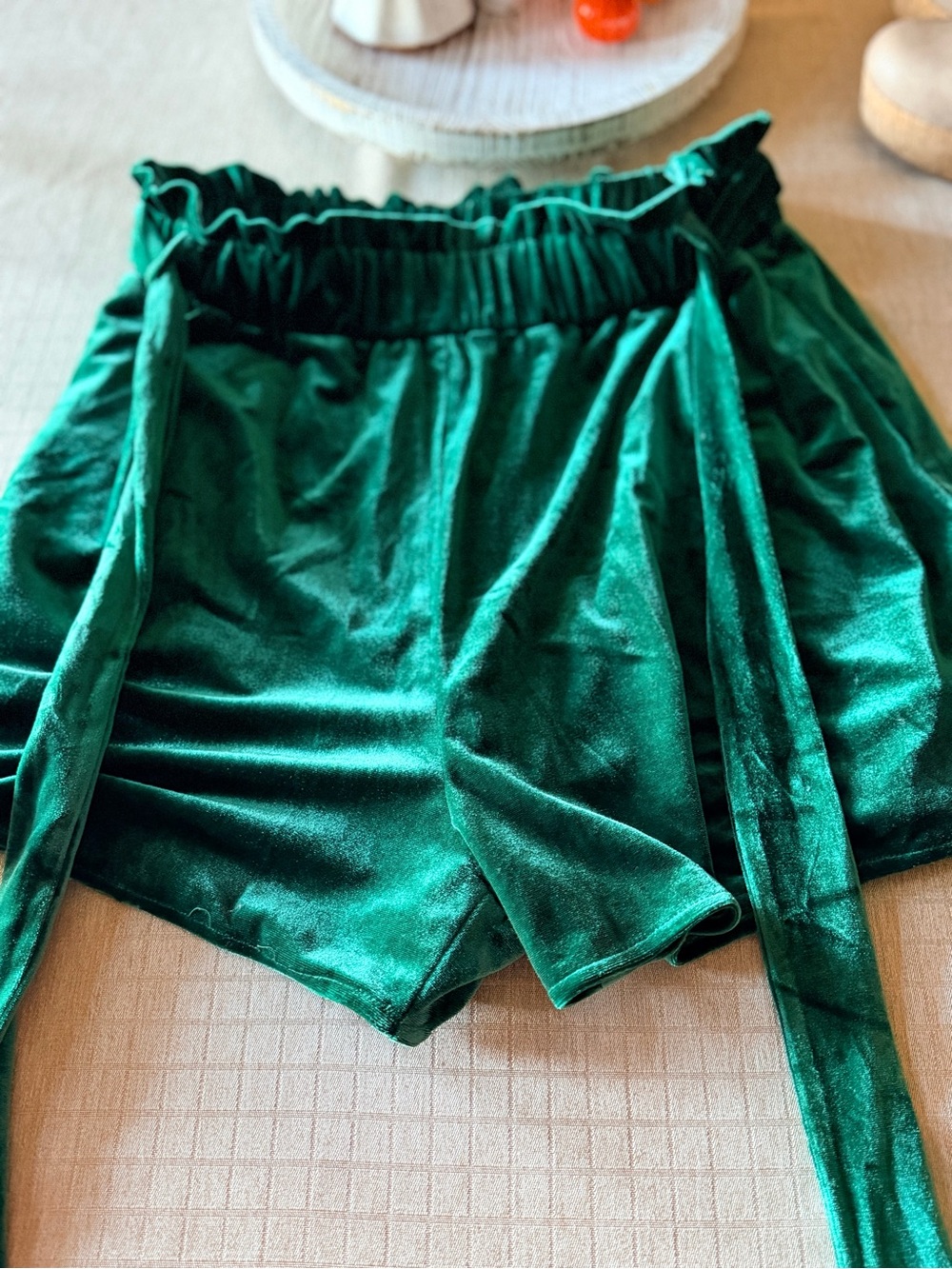 JODIFL Emerald Green Velvet Paperbag Waist Skort with Tie